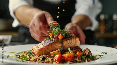 chef plating up a gourmet dish of seared salmon with quinoa and roasted vegetables, garnished with fresh herbs for an elegant presentation. photo