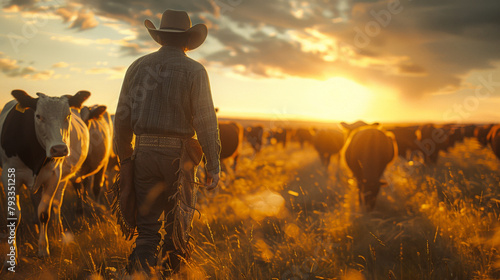 A rancher stands amid cattle in a field at sunset, with a dramatic wide-angle lens effect.