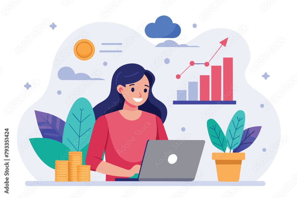 A woman seated at a table, working on a laptop and looking at company investment data, woman with laptop looking at company investment developments, Simple and minimalist flat Vector Illustration A woman seated at a table, working on a laptop and looking at company investment data, woman with laptop looking at company investment developments, Simple and minimalist flat Vector Illustration