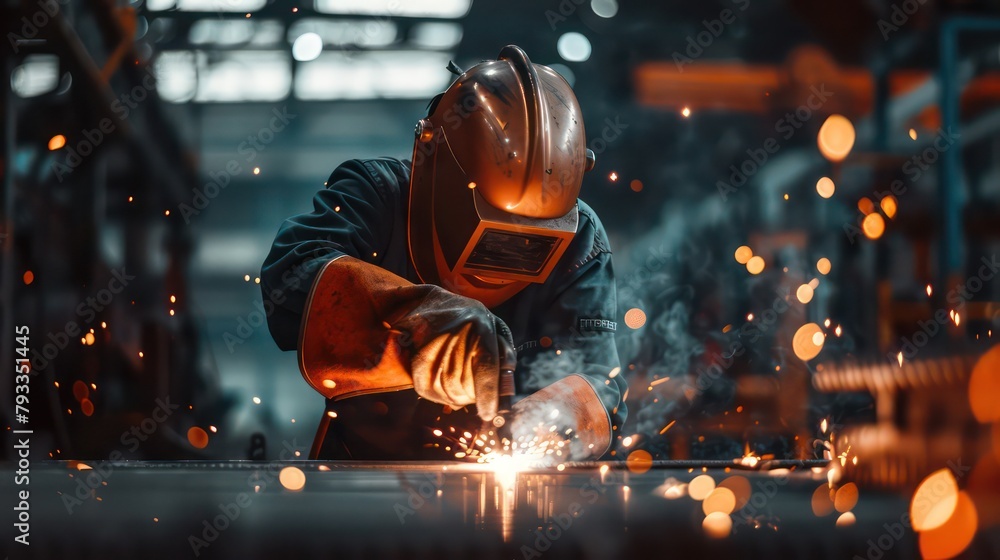 Skillful metal worker working with arc welding machine in factory while wearing safety equipment. Metalwork manufacturing and construction maintenance service by manual skill labor concept. - obrazy, fototapety, plakaty 