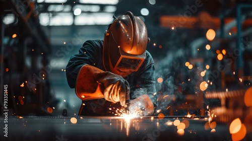 Skillful metal worker working with arc welding machine in factory while wearing safety equipment. Metalwork manufacturing and construction maintenance service by manual skill labor concept. photo