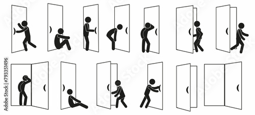 a set of icons depicting a human figure with a door, pictograms of a human figure, silhouettes of people highlighted on a white background, doors open, closed, entrance, exit