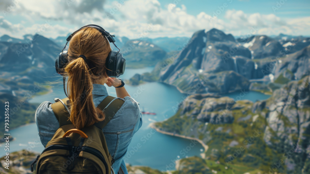 Female tourist taking photos from a helicopter overlooking stunning mountain scenery.