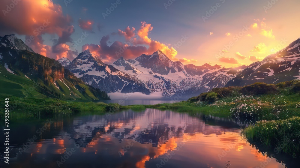 Discover a vibrant and majestic nature landscape, where stunning mountains meet a serene lake. Immerse yourself in the beauty of vibrant colors and breathtaking scenery. Discover a vibrant and majestic nature landscape, where stunning mountains meet a serene lake. Immerse yourself in the beauty of vibrant colors and breathtaking scenery.