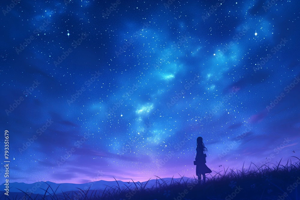 Anime-style silhouette young girl starry sky nebulae stars night blue purple