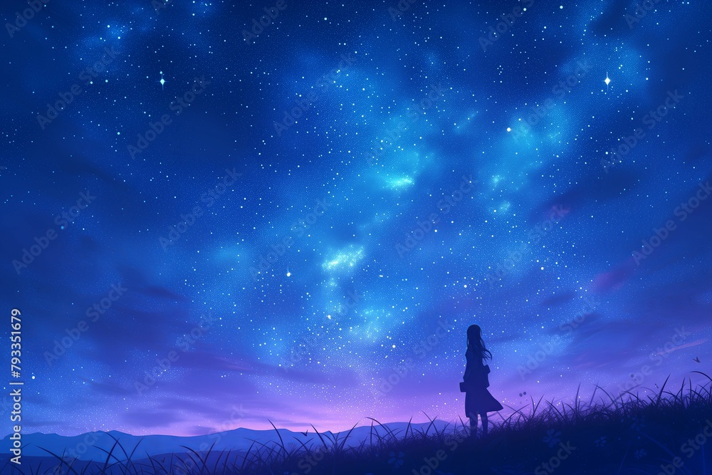 Anime-style silhouette young girl starry sky nebulae stars night blue purple Anime-style silhouette young girl starry sky nebulae stars night blue purple