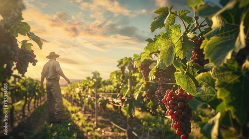 A farmer tending to rows of sun-kissed grapevines in a vineyard, inspecting the ripening fruit and preparing for the upcoming harvest.