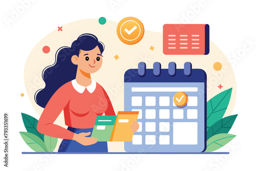A woman holding a folder stands next to a calendar, woman with personal finance bill payment calendar, Simple and minimalist flat Vector Illustration
