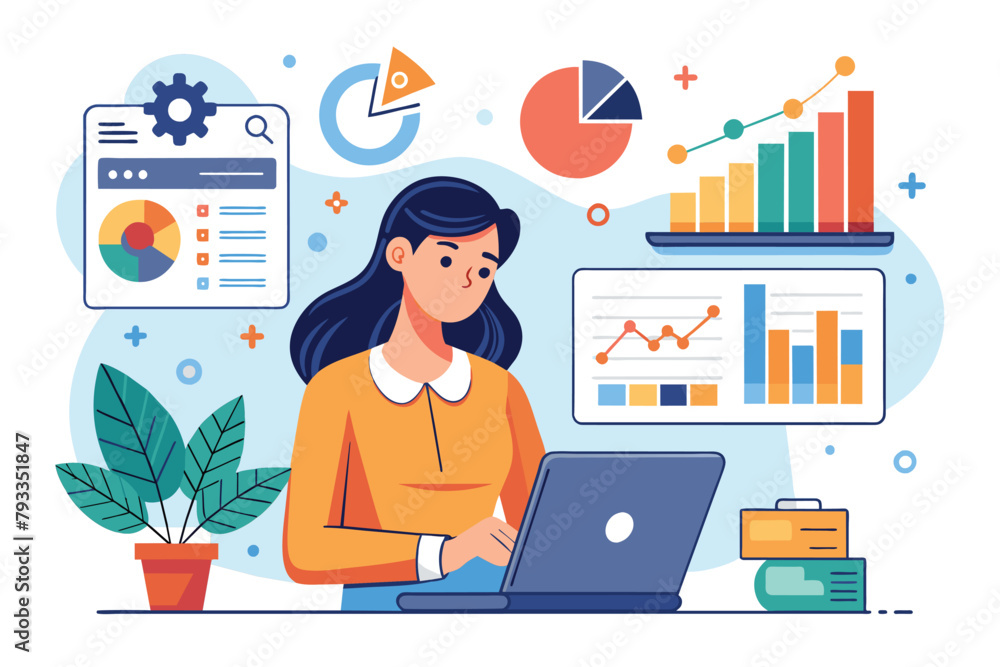 Fototapeta premium A woman sitting in front of a laptop computer, analyzing digital data charts and graphs, Woman worker analyzing digital data, charts and graphs, Simple and minimalist flat Vector Illustration