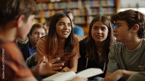 group of high school students discussing literature in a book club meeting, sharing their interpretations and opinions on assigned readings.