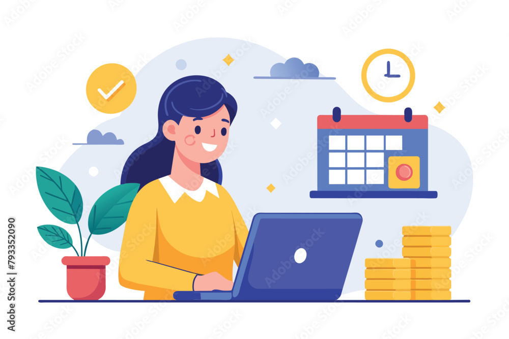 Fototapeta premium A woman sitting in front of a laptop computer, working with a calendar and coins on the table, Woman working on laptop with calendar and coins trending, Simple and minimalist flat Vector Illustration