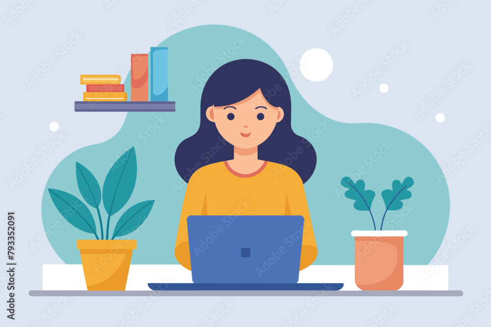 A woman sitting in front of a laptop computer, focused on her work, woman working on laptop, Simple and minimalist flat Vector Illustration A woman sitting in front of a laptop computer, focused on her work, woman working on laptop, Simple and minimalist flat Vector Illustration
