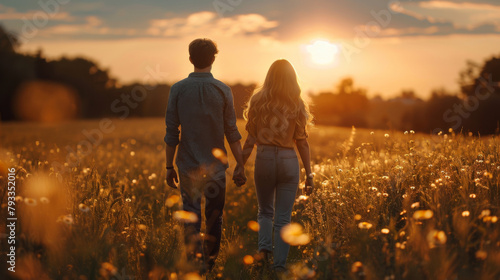 Rear view of a young couple holding hands while walking through a flower field at sunset.