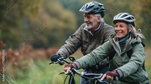 man and woman enjoying a leisurely bike ride together through a scenic countryside, smiling and chatting along the way.