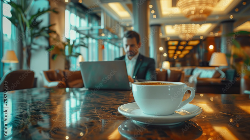 A steaming coffee cup on a glossy table with a blurred businessman working on a laptop in the background. A steaming coffee cup on a glossy table with a blurred businessman working on a laptop in the background.