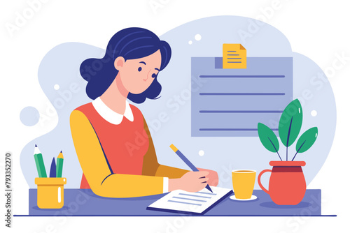 Female writing on paper while sitting at a desk, woman writing a contract, Simple and minimalist flat Vector Illustration