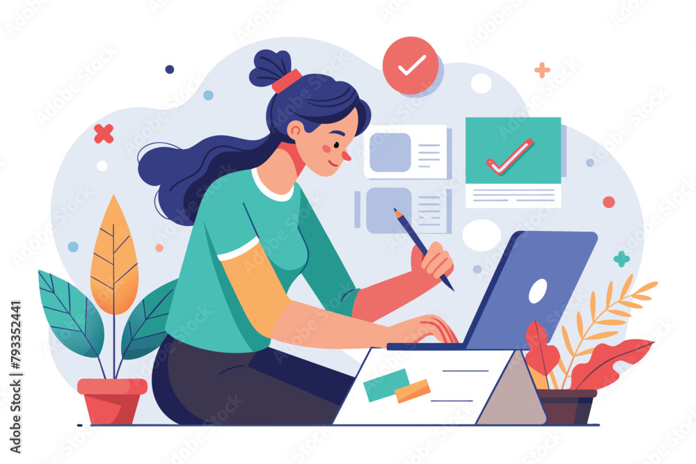 Woman using laptop at desk with infographic paper, woman writing on infographic paper, Simple and minimalist flat Vector Illustration