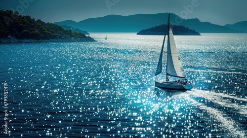 sailboat gliding gracefully across sparkling blue waters, with distant islands dotting the seascape.