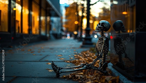 Skeleton on roadside, bustling scene captured. 💀🚗 photo