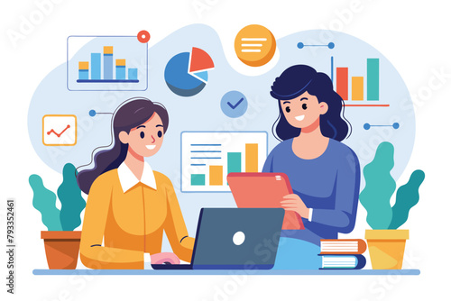 Two women sitting at a table, focused on working on a laptop together, women analysed the data using a laptop, Simple and minimalist flat Vector Illustration © Iftikhar alam