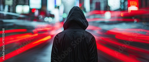 Male in hoodie, urban ambiance captured with long shutter, red brake lights adding dynamic glow. 📷🚶‍♂️ #UrbanGlow photo