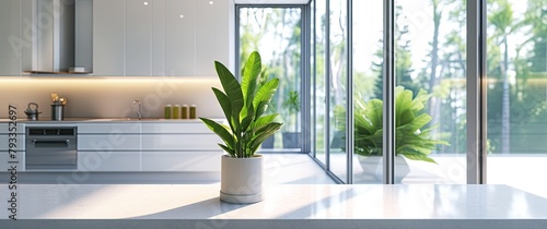 Minimalist house kitchen interior adorned with potted plants on table. Natural touch meets clean simplicity.          SerenitySpace