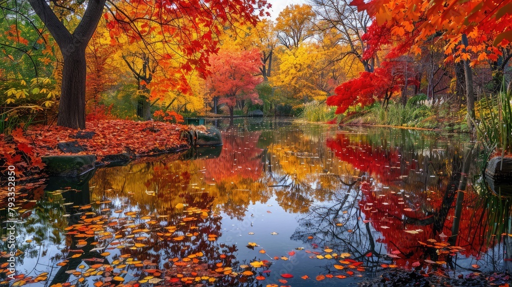 stunning autumn landscape with colorful foliage and a tranquil pond, reflecting the fiery hues of the changing leaves.