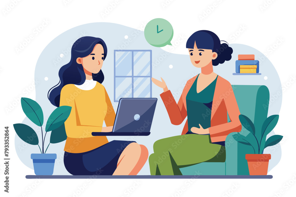 Two women engaged in conversation while sitting on a couch, Women are talking about business, Simple and minimalist flat Vector Illustration
