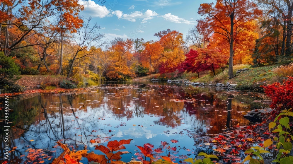 stunning autumn landscape with colorful foliage and a tranquil pond, reflecting the fiery hues of the changing leaves.
