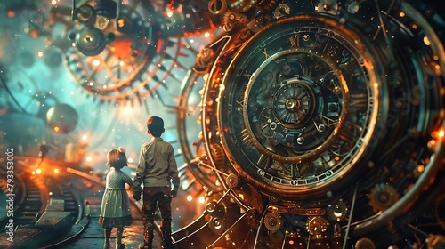 A young boy and girl are looking at a large clock with many gears