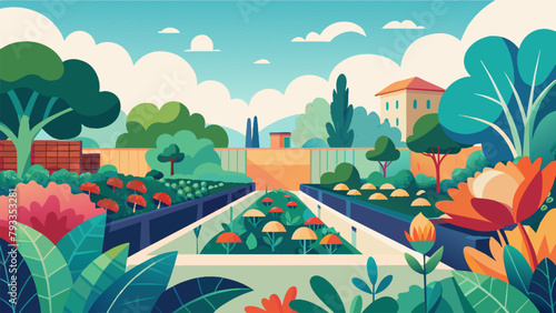 A thriving community garden filled with vibrant flowers and vegetables overlooked by a colorful mural created by local artists.