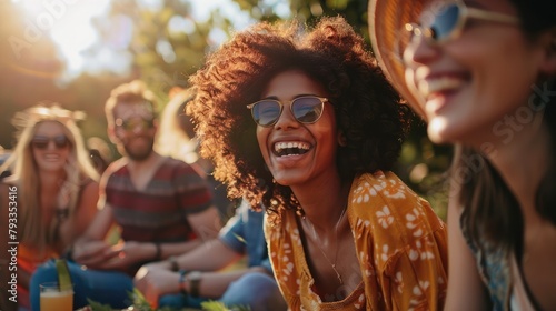 Fototapeta Naklejka Na Ścianę i Meble -  group of friends laughing together while enjoying a picnic in the park, surrounded by sunshine and positive vibes.