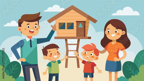 A boy eagerly showing his family the wooden treehouse he built at the Kids Carpentry Corner showcase.