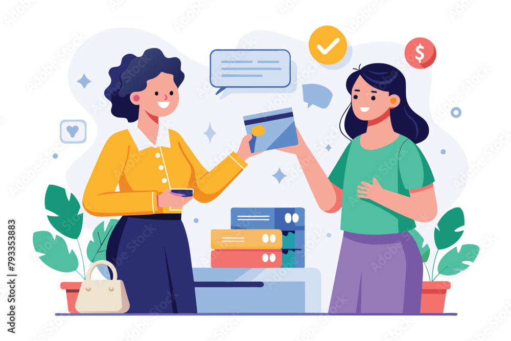 Two women stand next to each other, each holding a book in their hands, women making transactions using credit cards, Simple and minimalist flat Vector Illustration Two women stand next to each other, each holding a book in their hands, women making transactions using credit cards, Simple and minimalist flat Vector Illustration