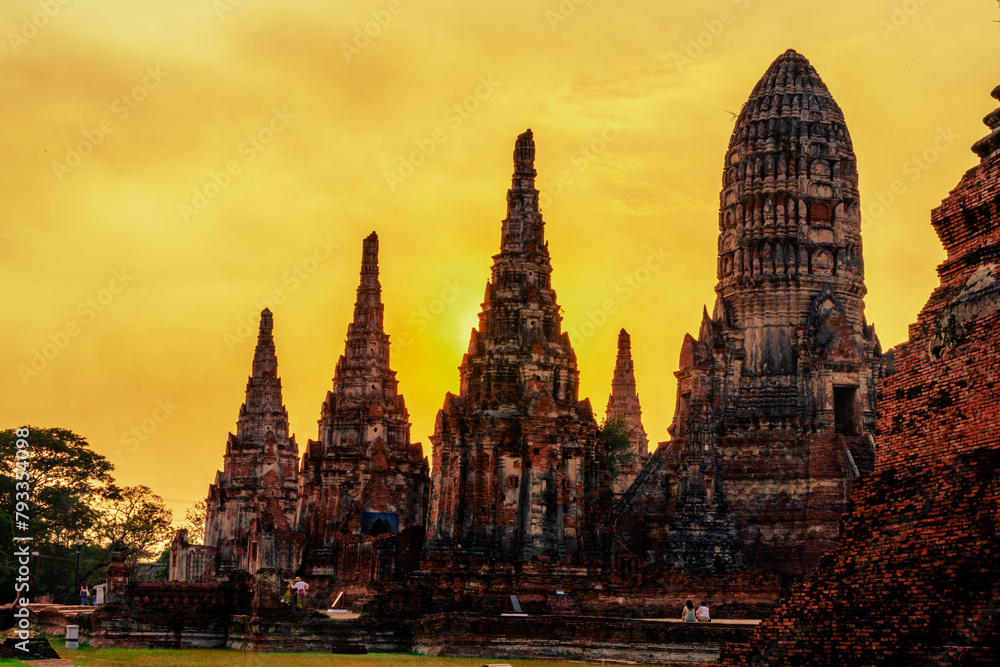 Fototapeta premium Background of old Buddha statues in Thai religious attractions in Ayutthaya Province, allowing tourists to study their history and take public photos.
