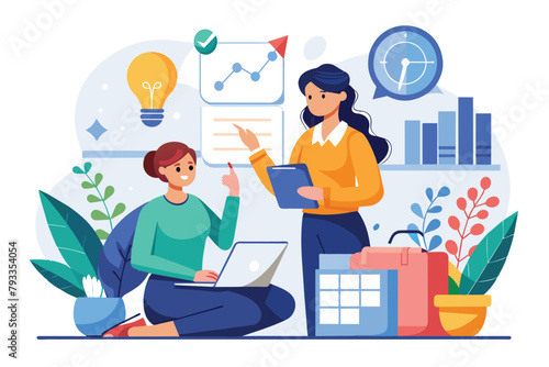 Two women sitting on floor, one typing on laptop while the other listens intently, women planning a business, Simple and minimalist flat Vector Illustration