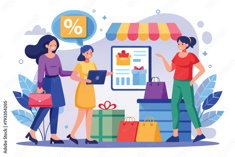 People gathered around a heap of gifts, women shopping at online shop get big discounts, Simple and minimalist flat Vector Illustration People gathered around a heap of gifts, women shopping at online shop get big discounts, Simple and minimalist flat Vector Illustration