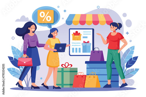 People gathered around a heap of gifts, women shopping at online shop get big discounts, Simple and minimalist flat Vector Illustration