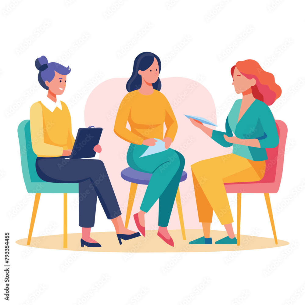 Several women seated at a table engaged in conversation, Women sit on chairs and discuss, Simple and minimalist flat Vector Illustration