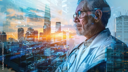 Multiple exposure shot of a mature doctor superimposed on a cityscape