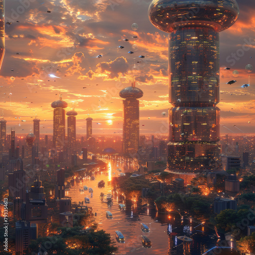 Ein futuristisches Stadtbild bei Sonnenuntergang mit fliegenden Autos und hohen GlasgebÃ¤uden --stylize 750 Job ID: d21df76a-50e5-4f4b-9e85-248521eb4a93 photo