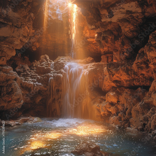 Ein leuchtender Wasserfall, der in einer geheimen HÃ¶hle verborgen ist --stylize 750 Job ID: 1f059dff-f615-4214-a050-2e287b887768 photo