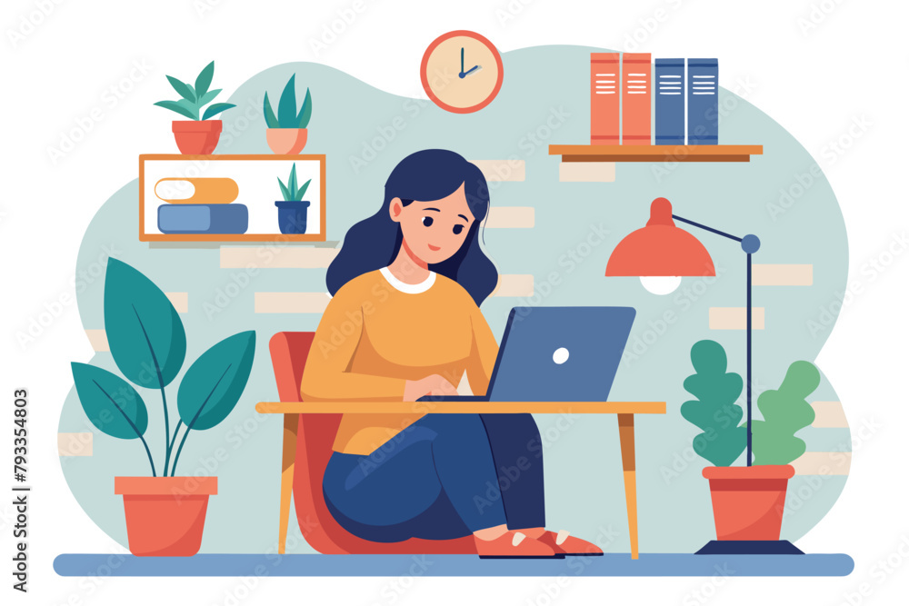 A woman intensively working on a laptop at her desk, Women work alone from home to speed up work, Simple and minimalist flat Vector Illustration A woman intensively working on a laptop at her desk, Women work alone from home to speed up work, Simple and minimalist flat Vector Illustration
