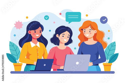 Three women collaborate on a project, sitting at a table with a laptop, Women work as a team, Simple and minimalist flat Vector Illustration