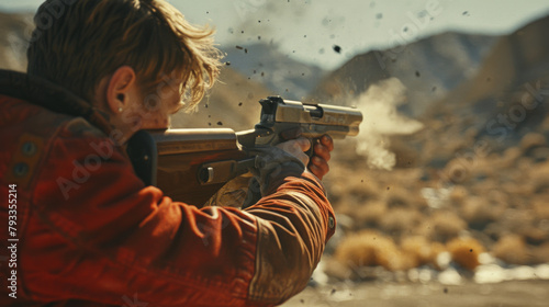 Person firing a pistol at a range, with ejected casing and dust cloud visible. photo
