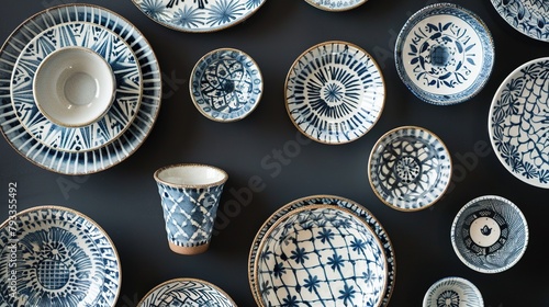 Japanese blue and white craft ceramic plates, bowls and cups on dark background photo