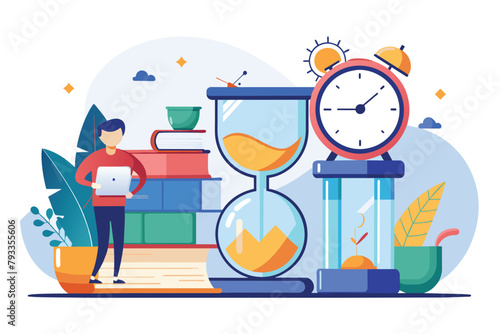 Person Standing Next to Pile of Books and Clock, Work deadline, time management concept, Simple and minimalist flat Vector Illustration