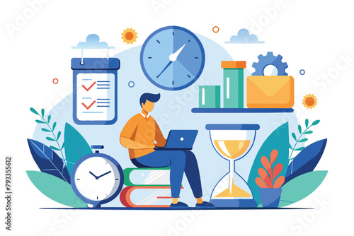 Man Sitting on Desk With Laptop and Clock, Work deadline, time management concept, Simple and minimalist flat Vector Illustration