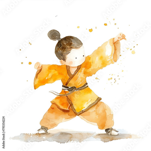 Minimalistic watercolor illustration of kung fu on a white background, cute and comical.