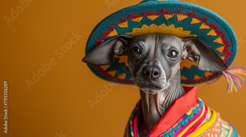 A Xoloitzcuintli, or Mexican Hairless dog, dressed in Mexican folk attire, sporting a sombrero. photo